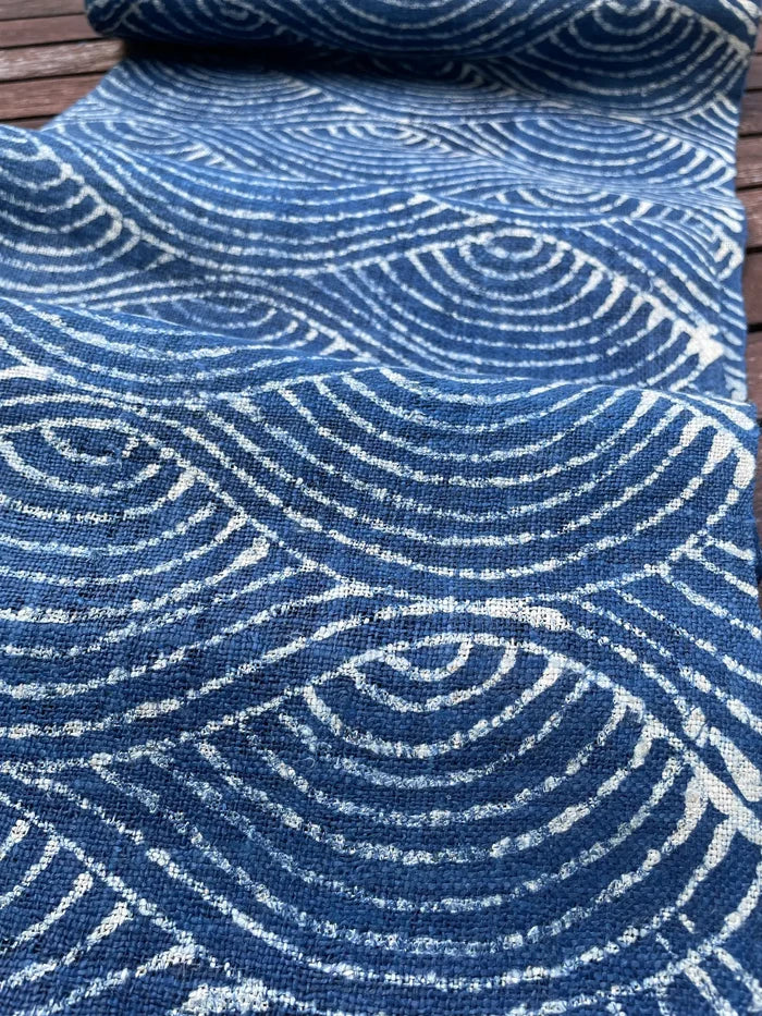 Handwoven hemp, batik indigo, deep water tide pattern