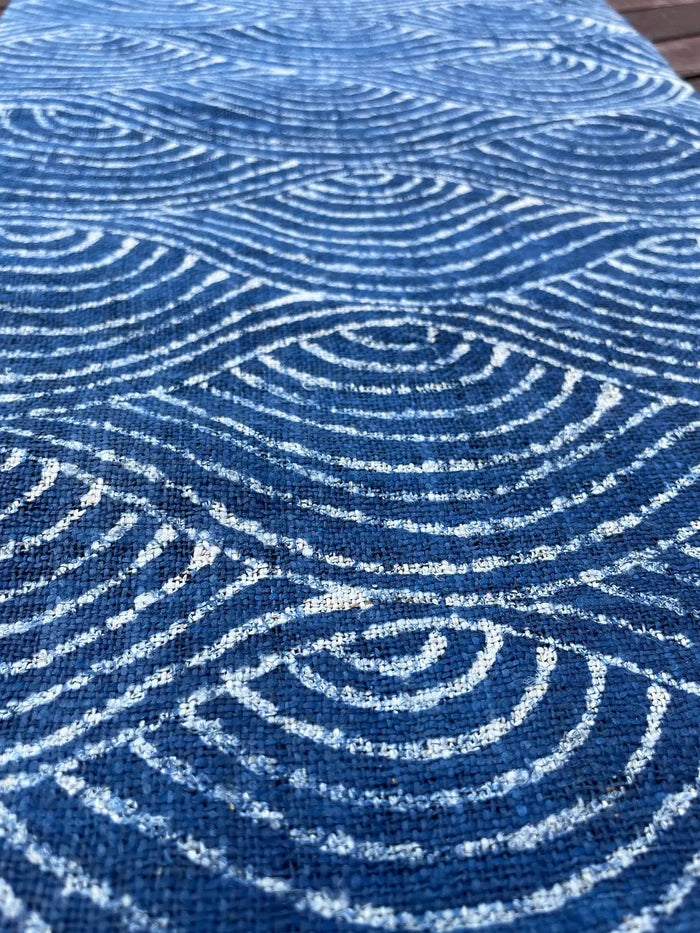 Handwoven hemp, batik indigo, deep water tide pattern