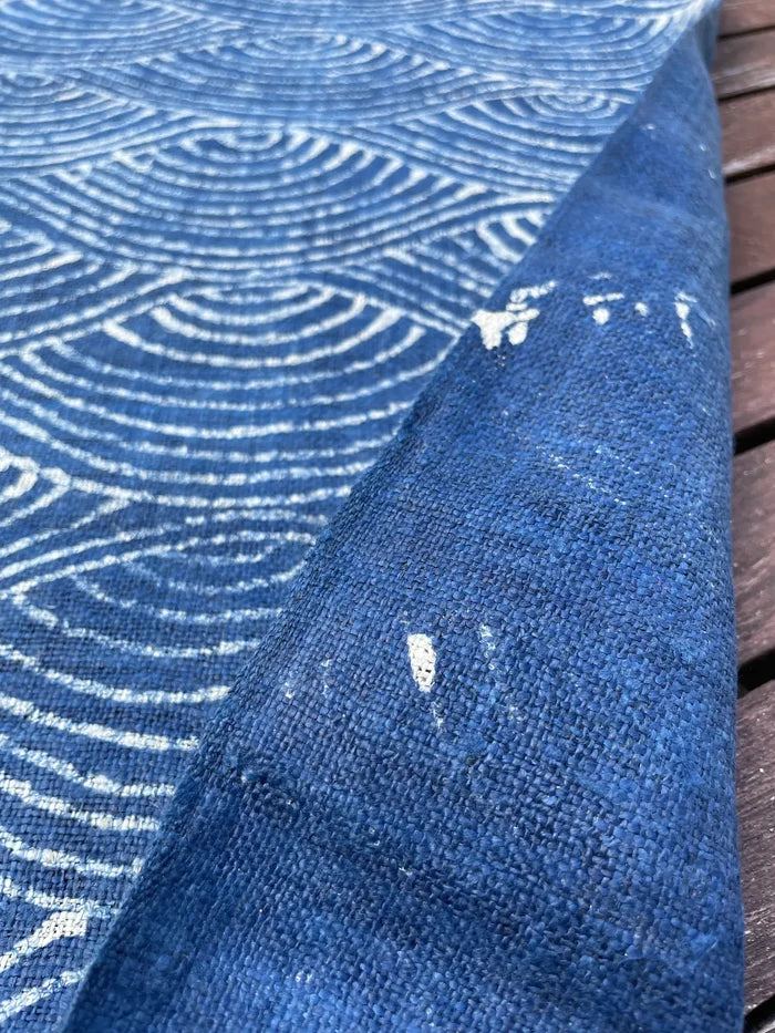 Handwoven hemp, batik indigo, deep water tide pattern