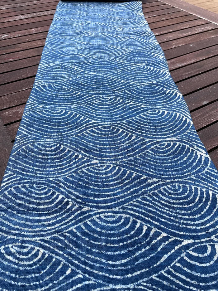 Handwoven hemp, batik indigo, deep water tide pattern