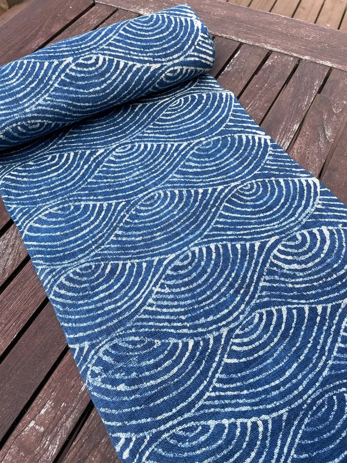 Handwoven hemp, batik indigo, deep water tide pattern