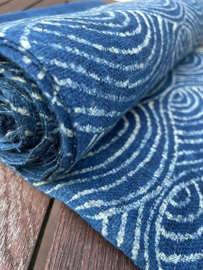 Handwoven hemp, batik indigo, deep water tide pattern
