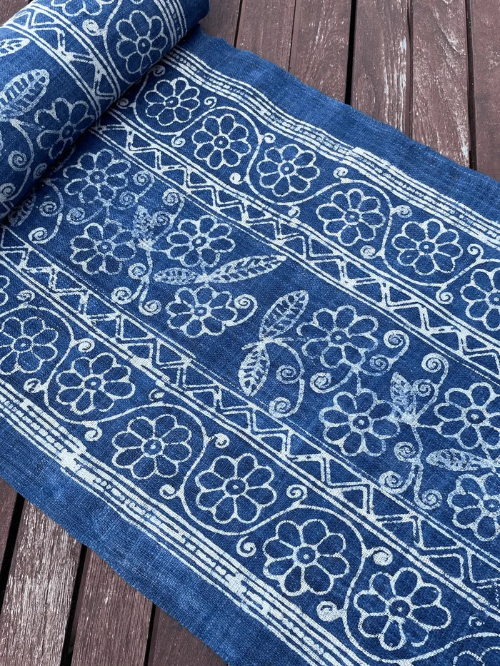 Handwoven hemp, batik indigo, flowery pattern