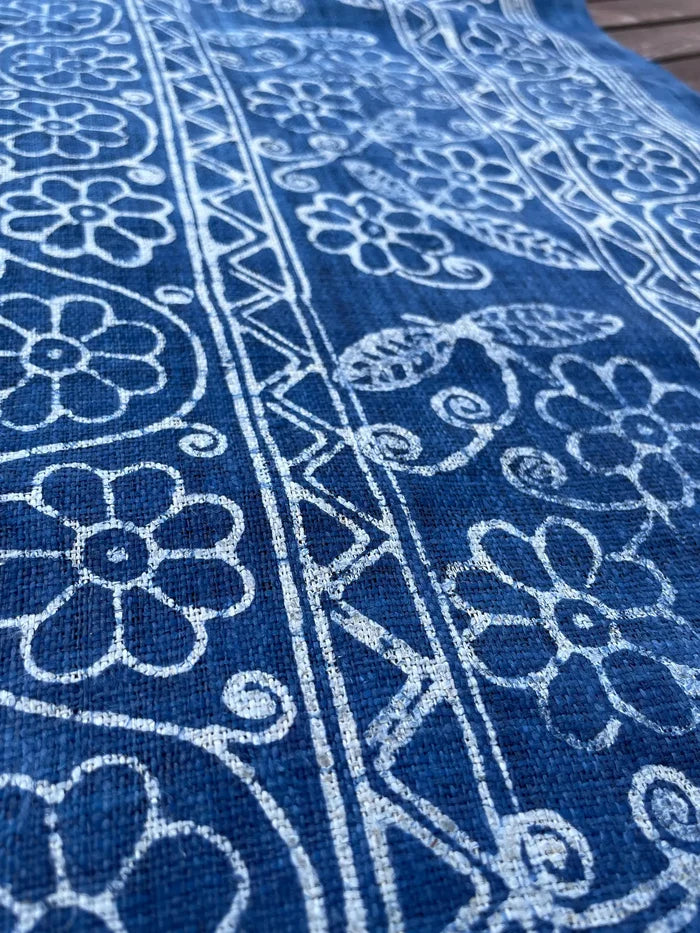 Handwoven hemp, batik indigo, flowery pattern