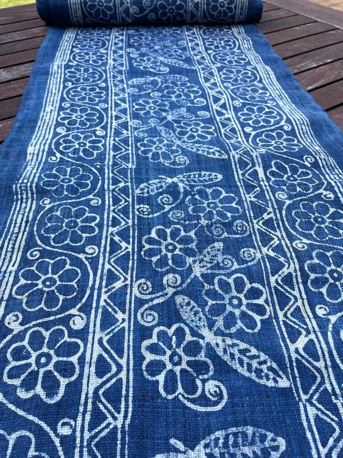 Handwoven hemp, batik indigo, flowery pattern