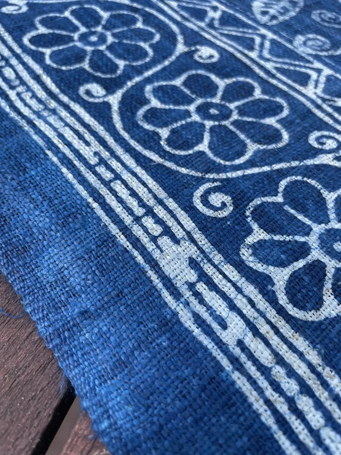 Handwoven hemp, batik indigo, flowery pattern