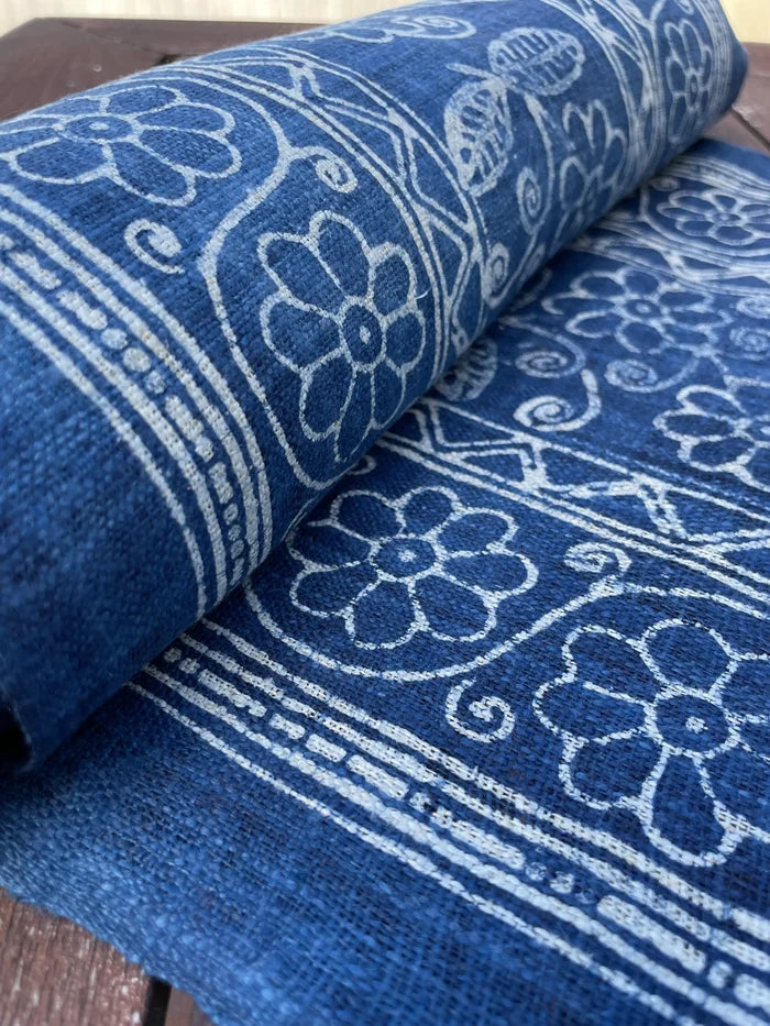 Handwoven hemp, batik indigo, flowery pattern