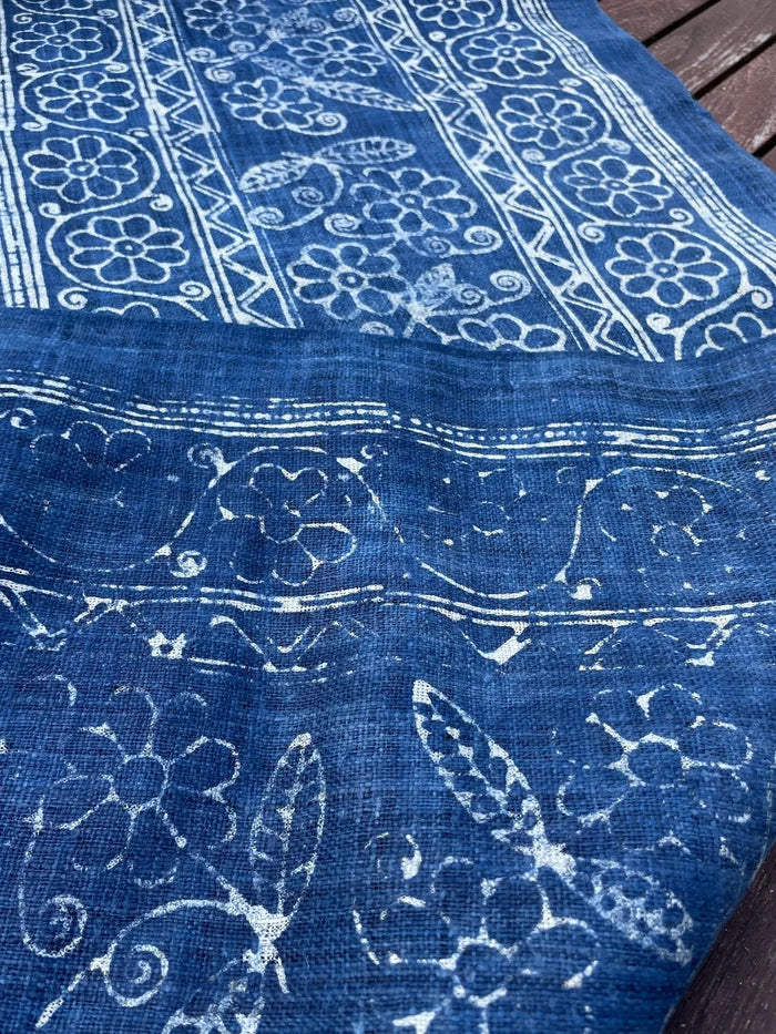 Handwoven hemp, batik indigo, flowery pattern