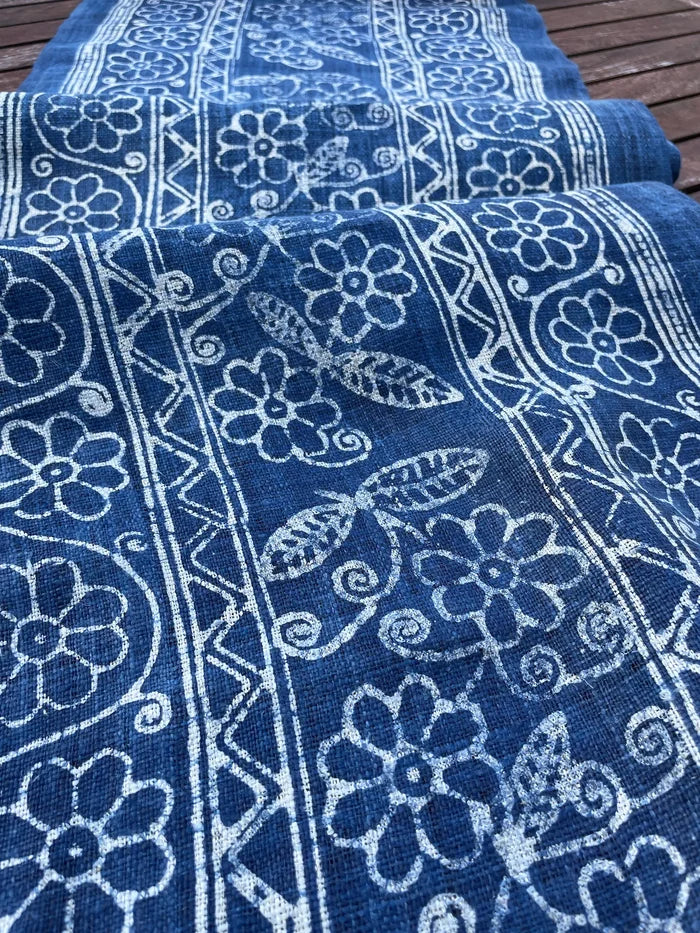 Handwoven hemp, batik indigo, flowery pattern