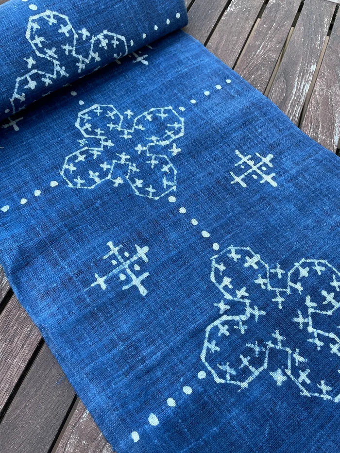 Handwoven hemp, batik indigo, four petal pattern