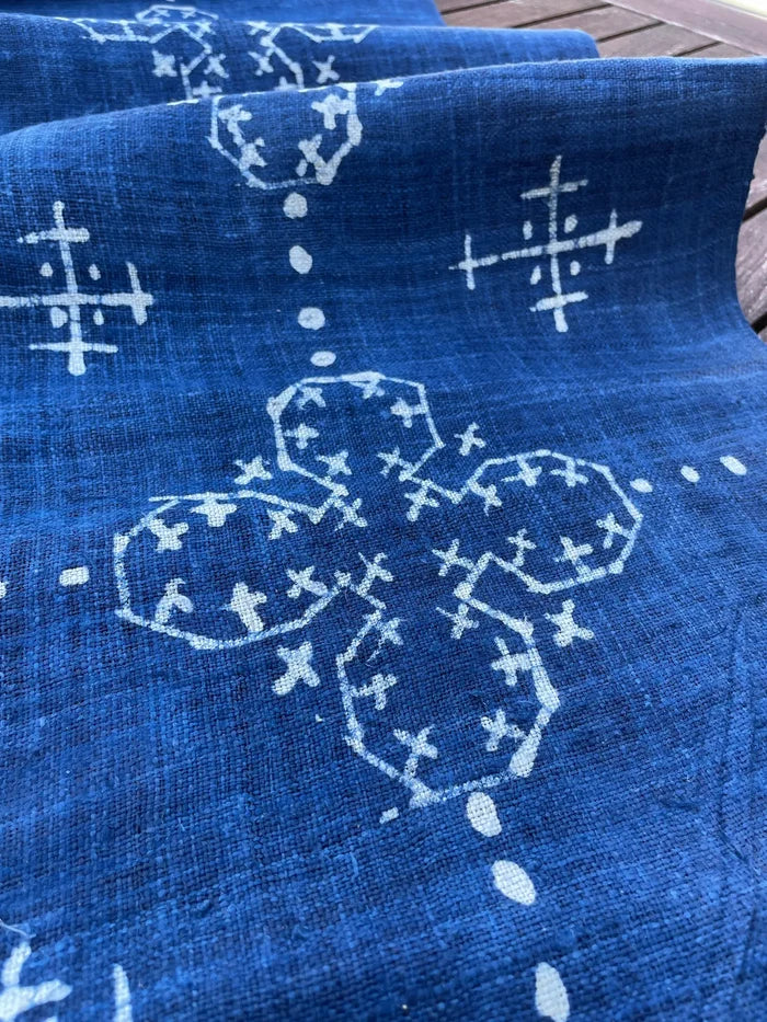 Handwoven hemp, batik indigo, four petal pattern