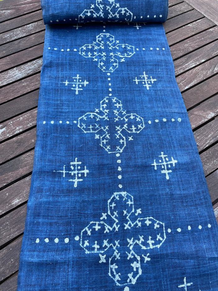 Handwoven hemp, batik indigo, four petal pattern