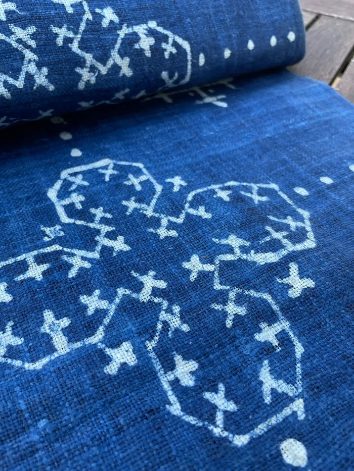 Handwoven hemp, batik indigo, four petal pattern