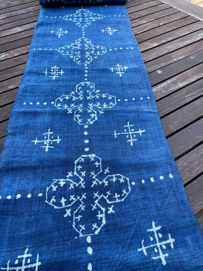 Handwoven hemp, batik indigo, four petal pattern