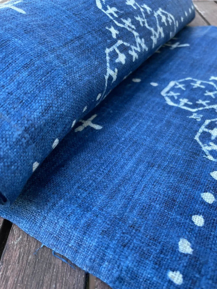 Handwoven hemp, batik indigo, four petal pattern
