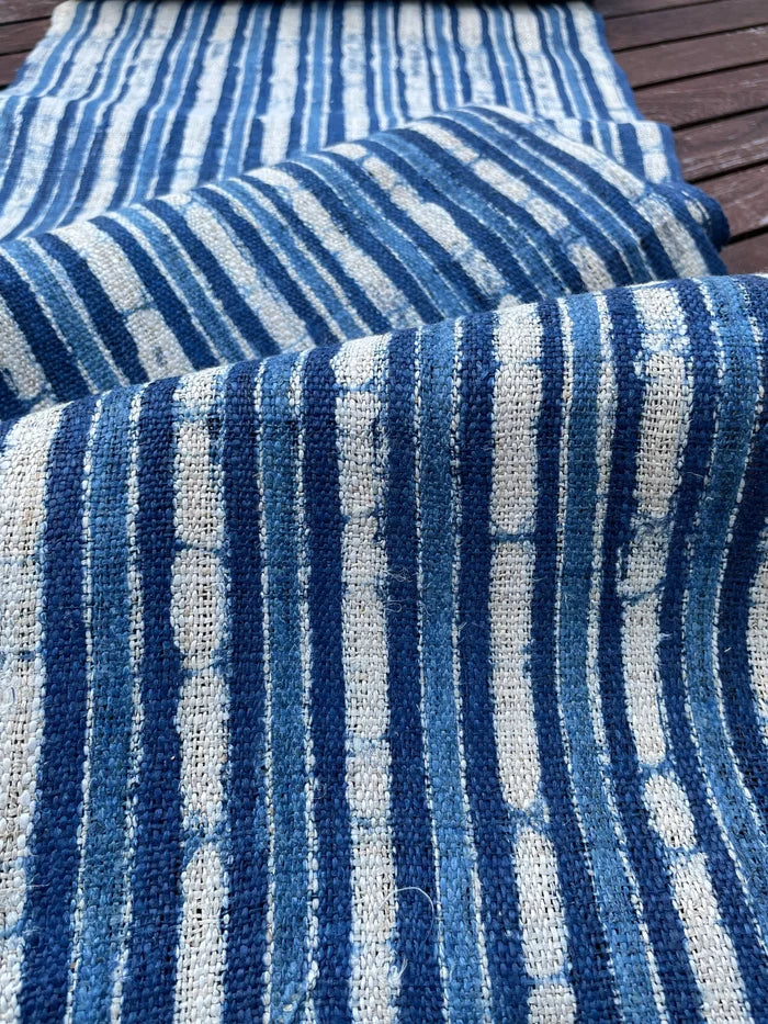 Handwoven hemp, batik indigo, striped blue and white pattern