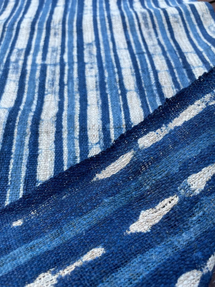Handwoven hemp, batik indigo, striped blue and white pattern