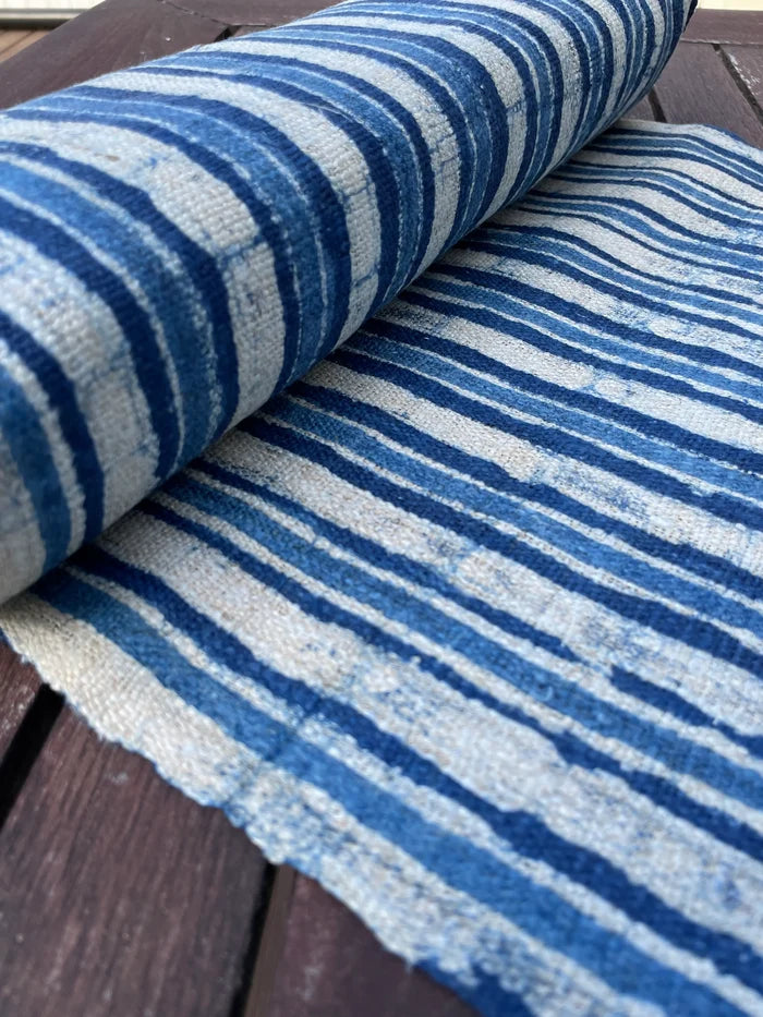 Handwoven hemp, batik indigo, striped blue and white pattern
