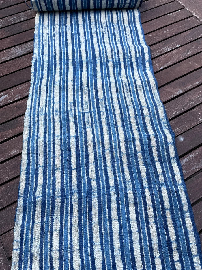 Handwoven hemp, batik indigo, striped blue and white pattern