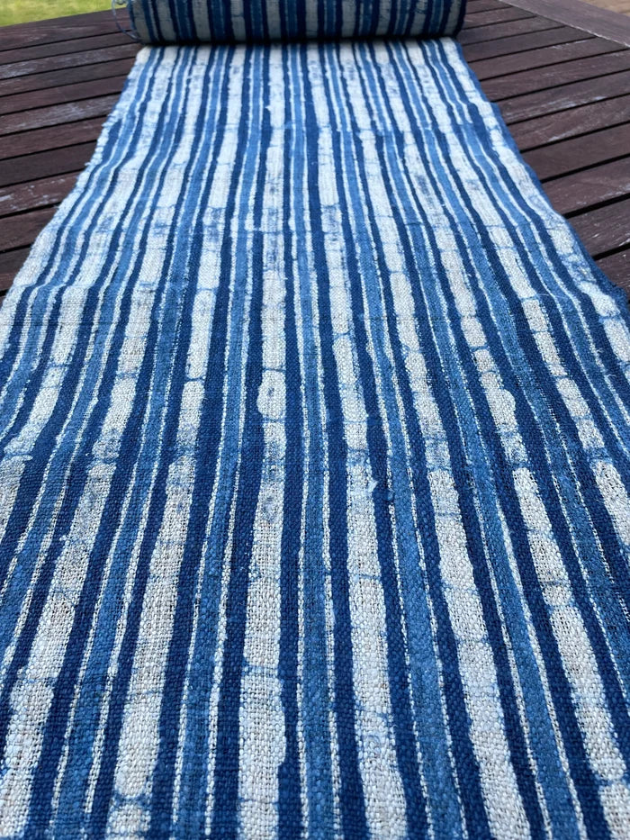 Handwoven hemp, batik indigo, striped blue and white pattern