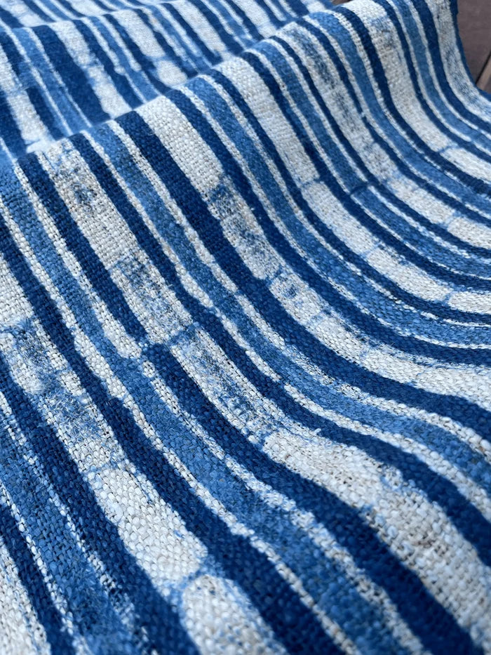 Handwoven hemp, batik indigo, striped blue and white pattern