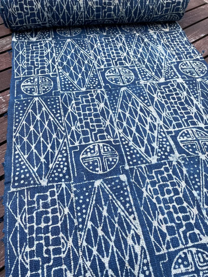 Handwoven hemp, batik indigo, tribal tile pattern