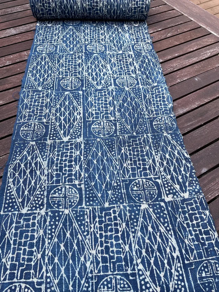 Handwoven hemp, batik indigo, tribal tile pattern