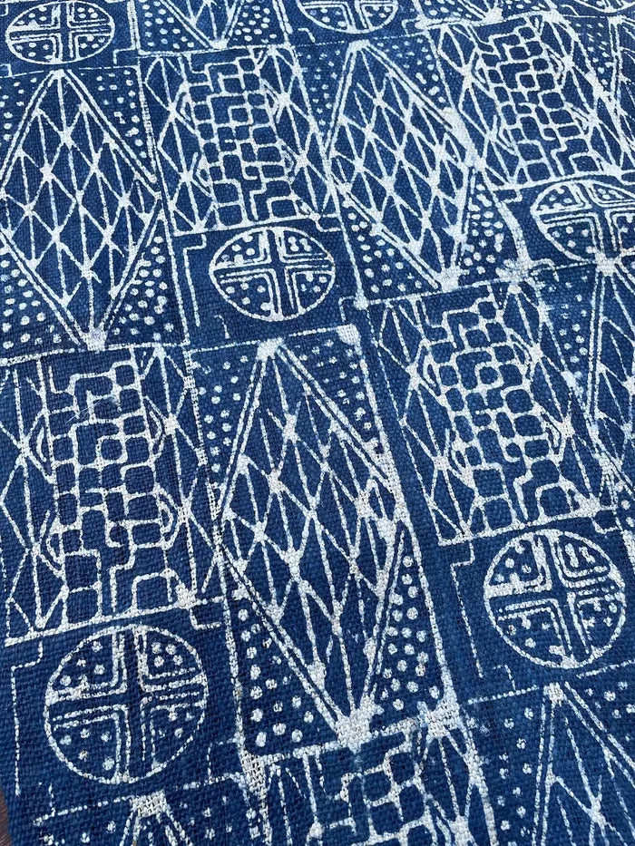 Handwoven hemp, batik indigo, tribal tile pattern