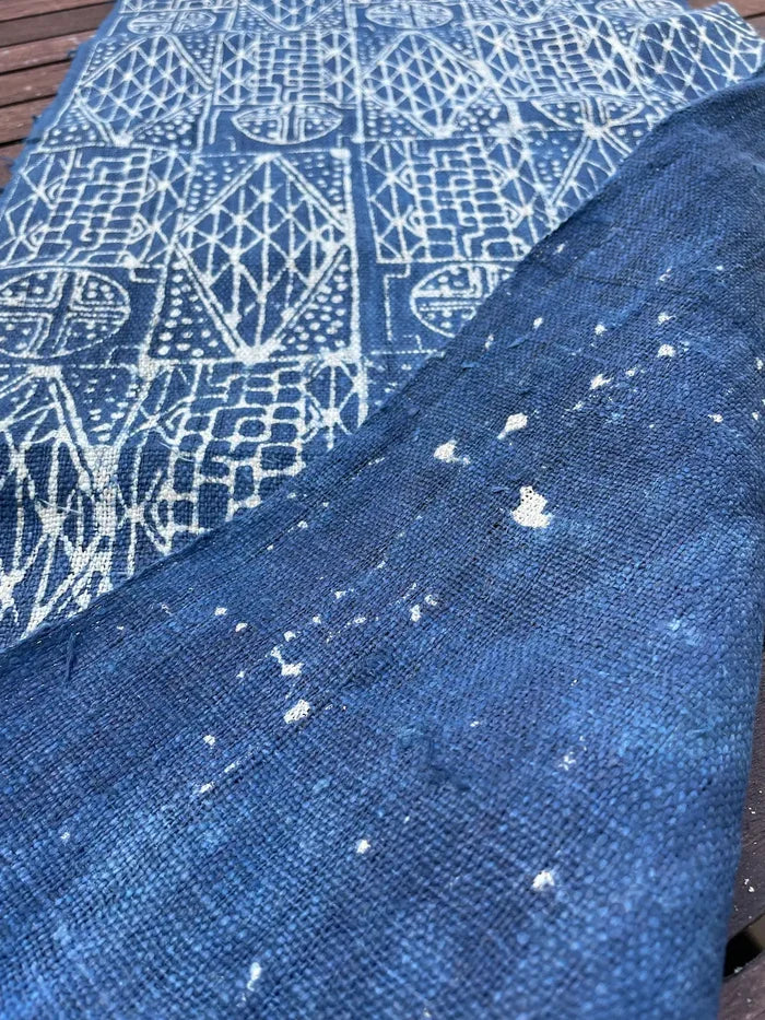 Handwoven hemp, batik indigo, tribal tile pattern