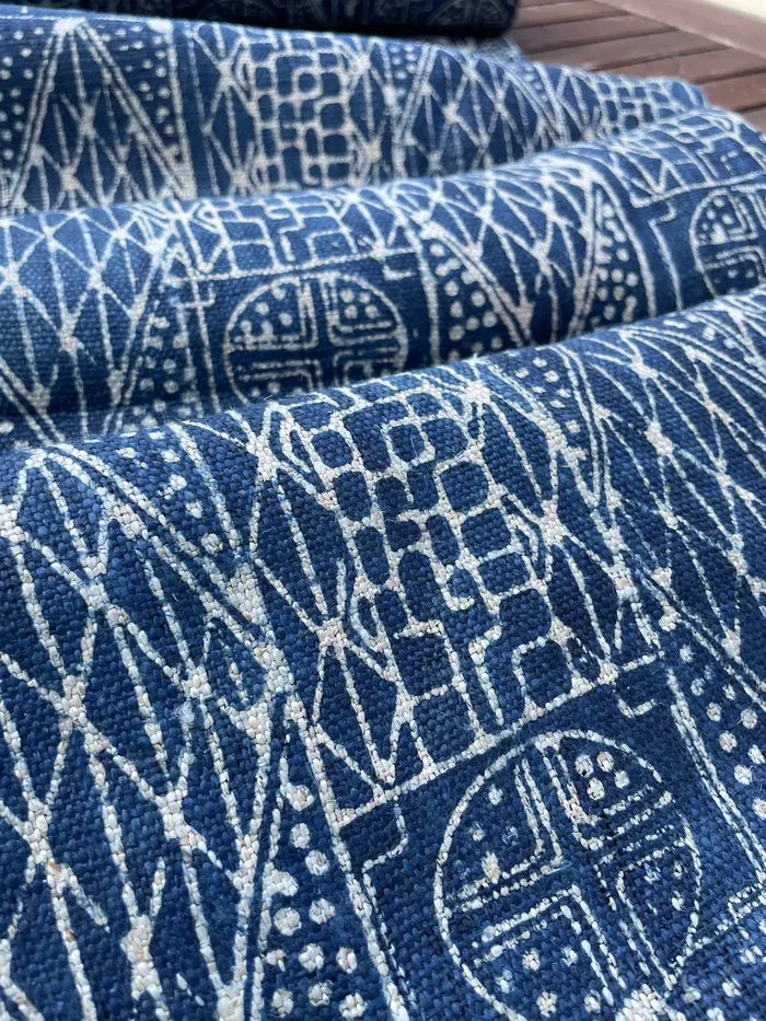 Handwoven hemp, batik indigo, tribal tile pattern