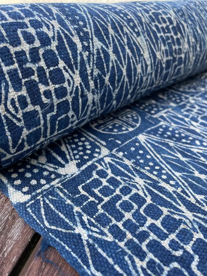 Handwoven hemp, batik indigo, tribal tile pattern