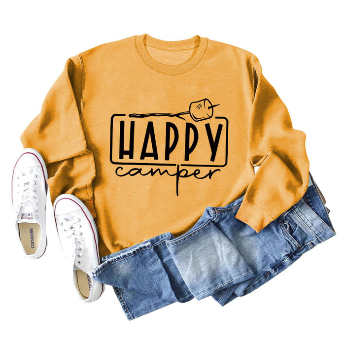 Happy Camper Letter Round Neck Loose Long Sleeve Casual T-shirt Female