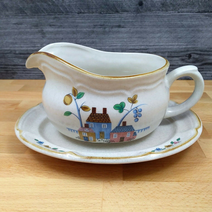Heartland International China Gravy Boat and Under Plate Farm Scene Set Tan Trim