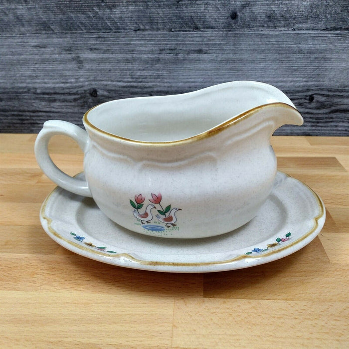 Heartland International China Gravy Boat and Under Plate Farm Scene Set Tan Trim