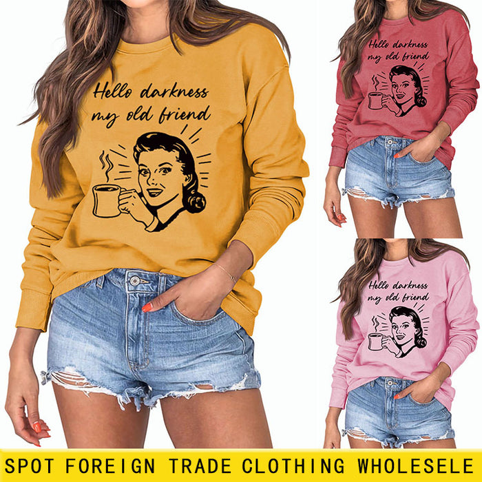 Hello Darkness My Letter Printing Loose Long Sleeve Ladies Sweater