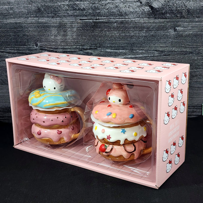 Hello Kitty and My Melody Donut Mug Set Coffee Tea Cup Blue Sky Ceramic Embossed