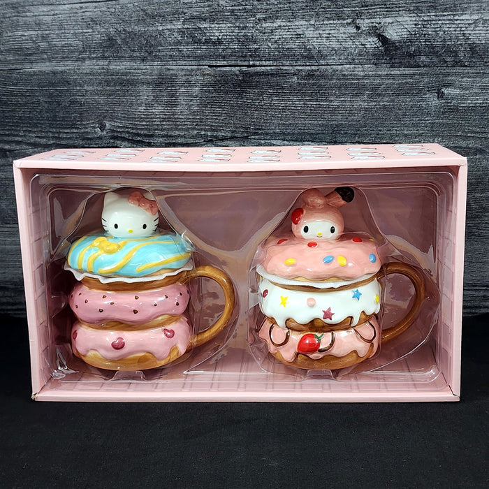 Hello Kitty and My Melody Donut Mug Set Coffee Tea Cup Blue Sky Ceramic Embossed