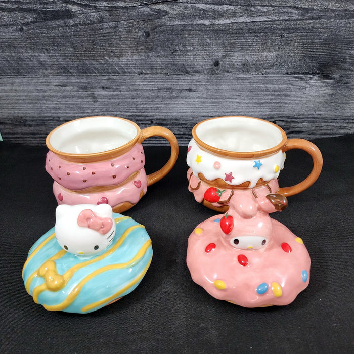 Hello Kitty and My Melody Donut Mug Set Coffee Tea Cup Blue Sky Ceramic Embossed