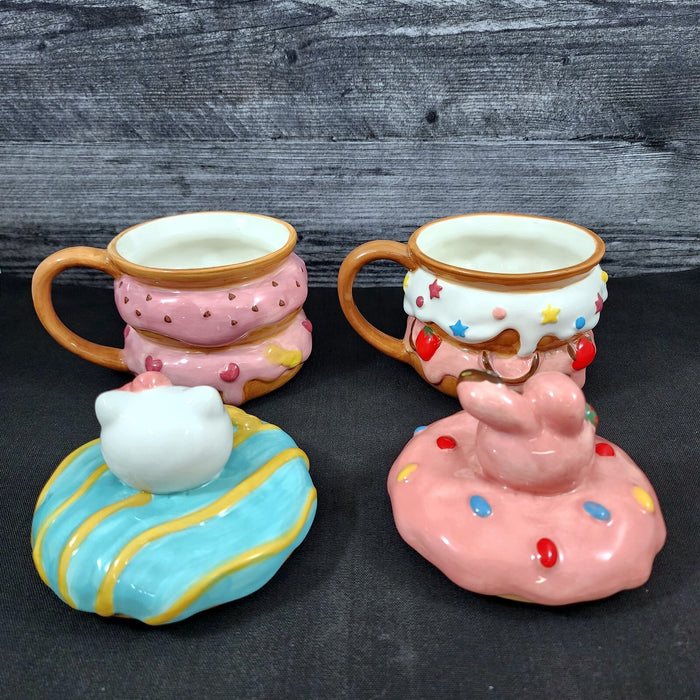 Hello Kitty and My Melody Donut Mug Set Coffee Tea Cup Blue Sky Ceramic Embossed