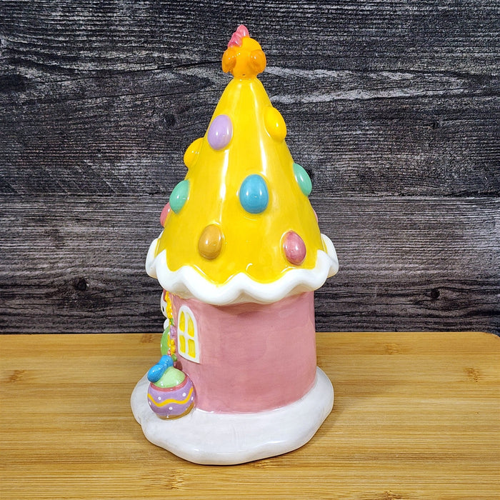Hello Kitty Easter Egg House Figurine Yellow Ceramic Blue Sky Embossed