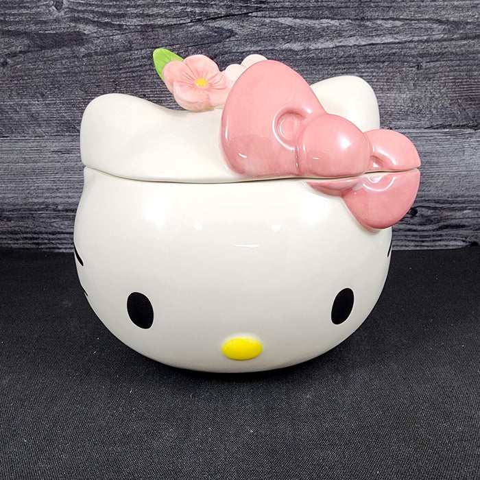 Hello Kitty Head Cookie Jar Snack Jar Pink Bow White Ceramic Blue Sky Embossed