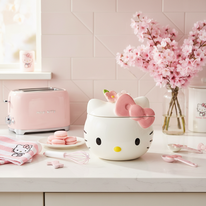 Hello Kitty Head Cookie Jar Snack Jar Pink Bow White Ceramic Blue Sky Embossed