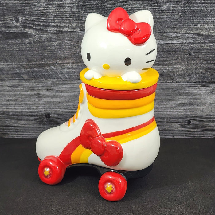 Hello Kitty Head Cookie Jar Snack Jar Pink Bow White Ceramic Blue Sky Embossed
