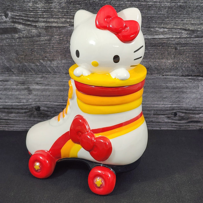 Hello Kitty Head Cookie Jar Snack Jar Pink Bow White Ceramic Blue Sky Embossed