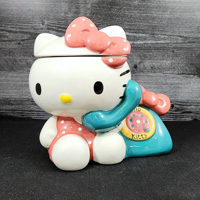 Hello Kitty Retro Phone Call Cookie Snack Jar Classic Ceramic Blue Sky Embossed