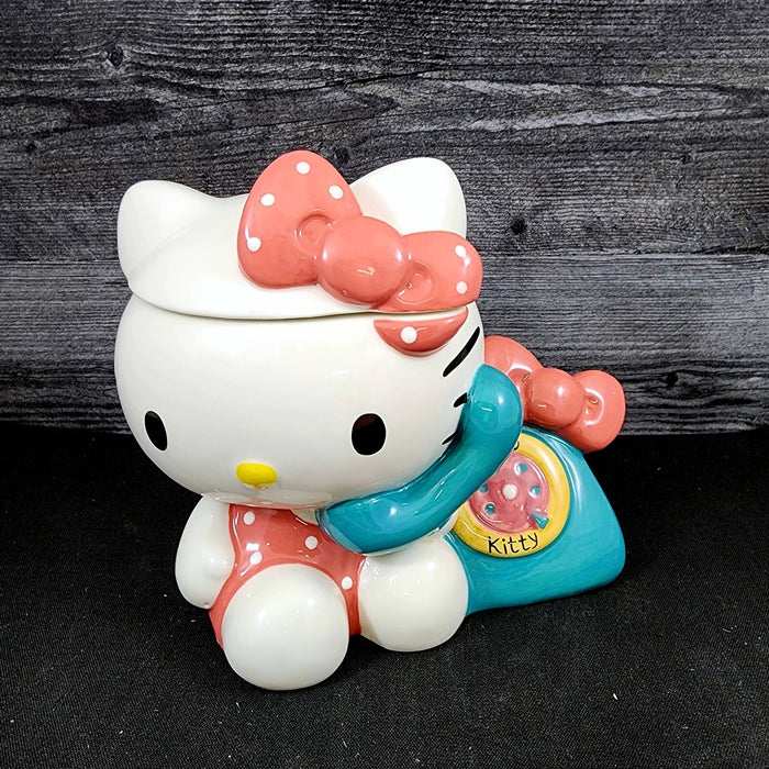 Hello Kitty Retro Phone Call Cookie Snack Jar Classic Ceramic Blue Sky Embossed