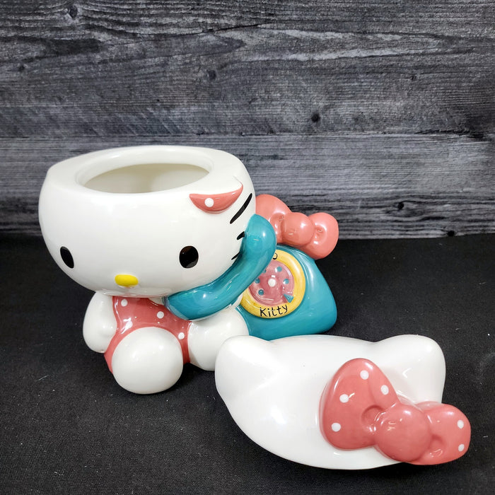 Hello Kitty Retro Phone Call Cookie Snack Jar Classic Ceramic Blue Sky Embossed