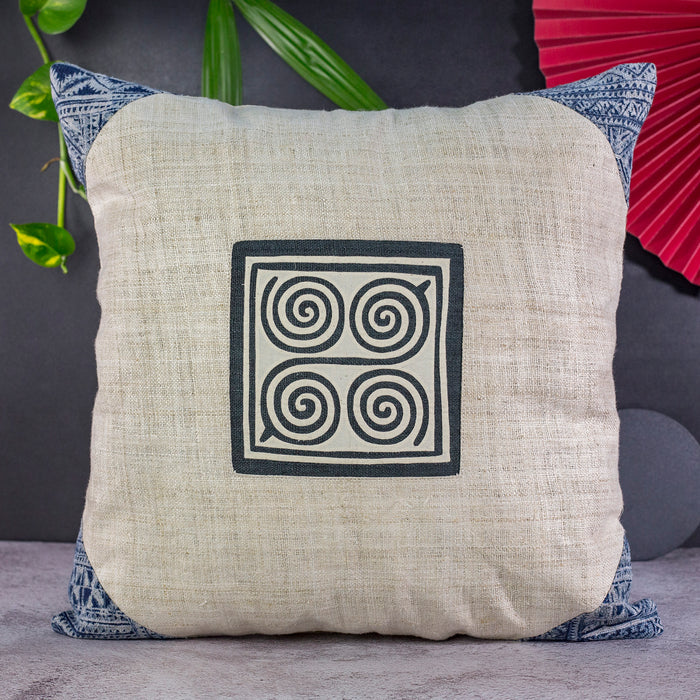 Hemp cushion cover, beige hemp, appliqué patch