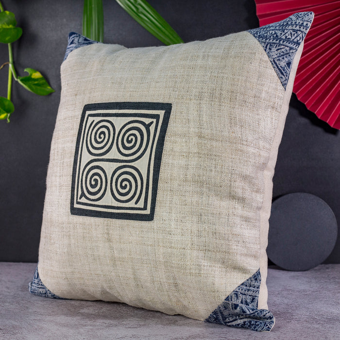Hemp cushion cover, beige hemp, appliqué patch