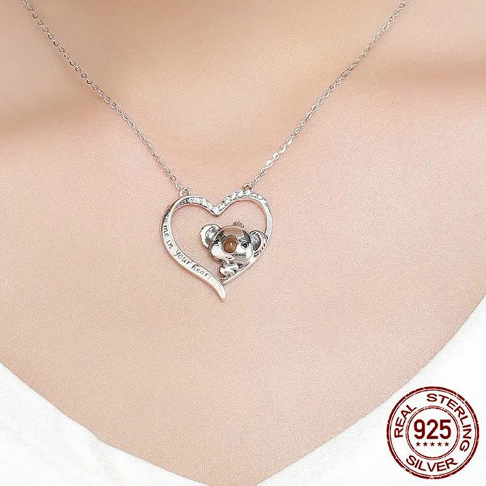 High Quality 925 Sterling Silver Lovely Koala in Heart Pendant Necklaces for Women Fashion Silver Jewelry
